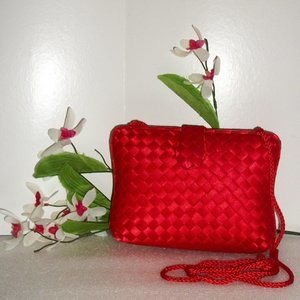 LiSETTE Red Satin Clutch Braid Shoulder Strap Hard Shell